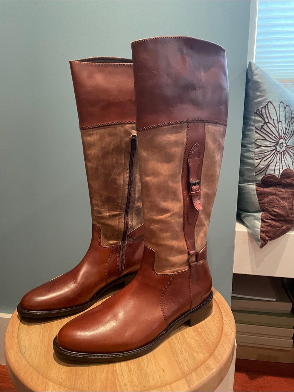 Johnston & Murphy Brown Two-Tone Leather Over‑The‑Knee Riding Boots